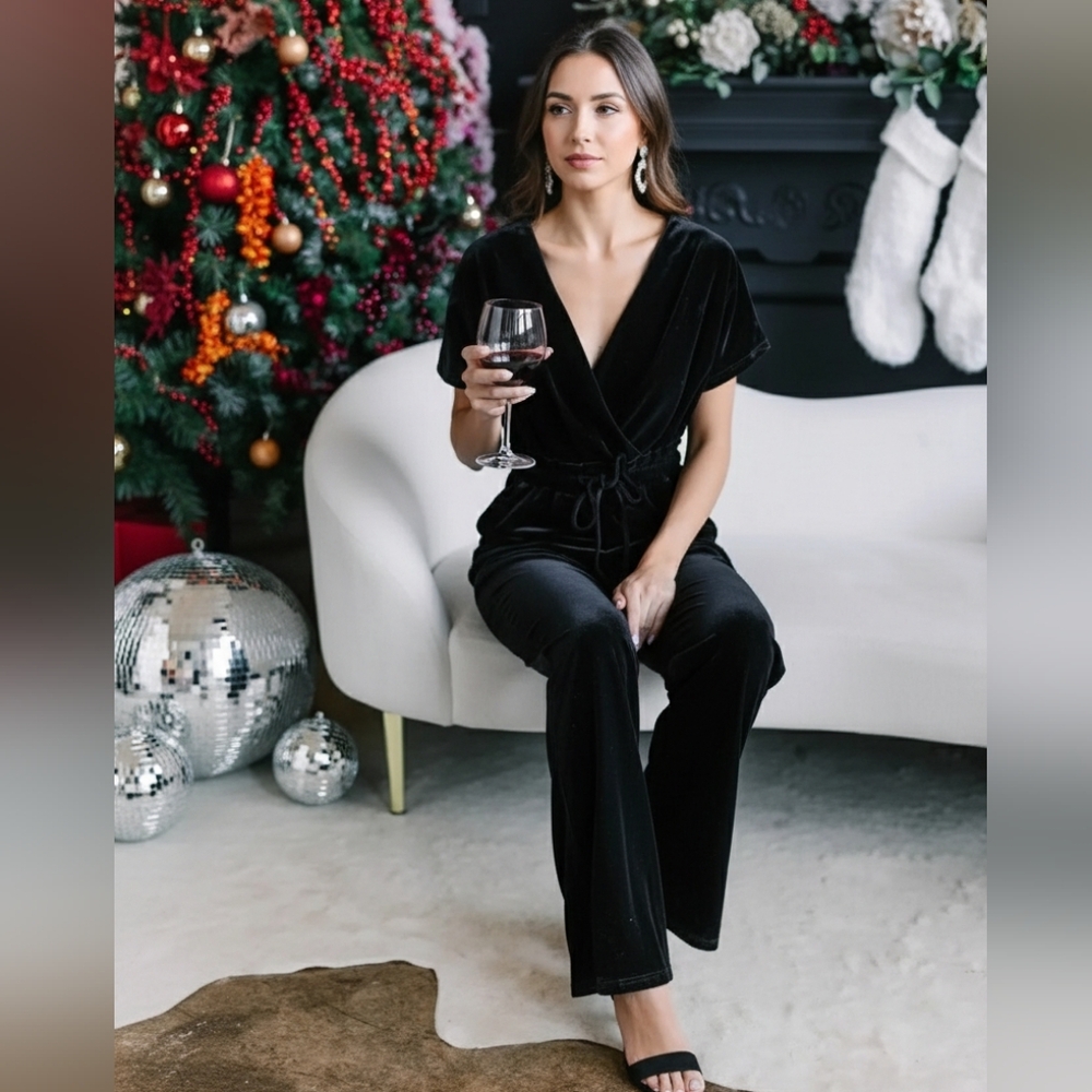 Velvet Jumpsuit One-piece Short Sleeve Drawstring Waist Wide Leg Pants Outfit